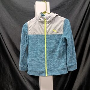 Blue and Gray Hooded Jacket with Yellow Accents